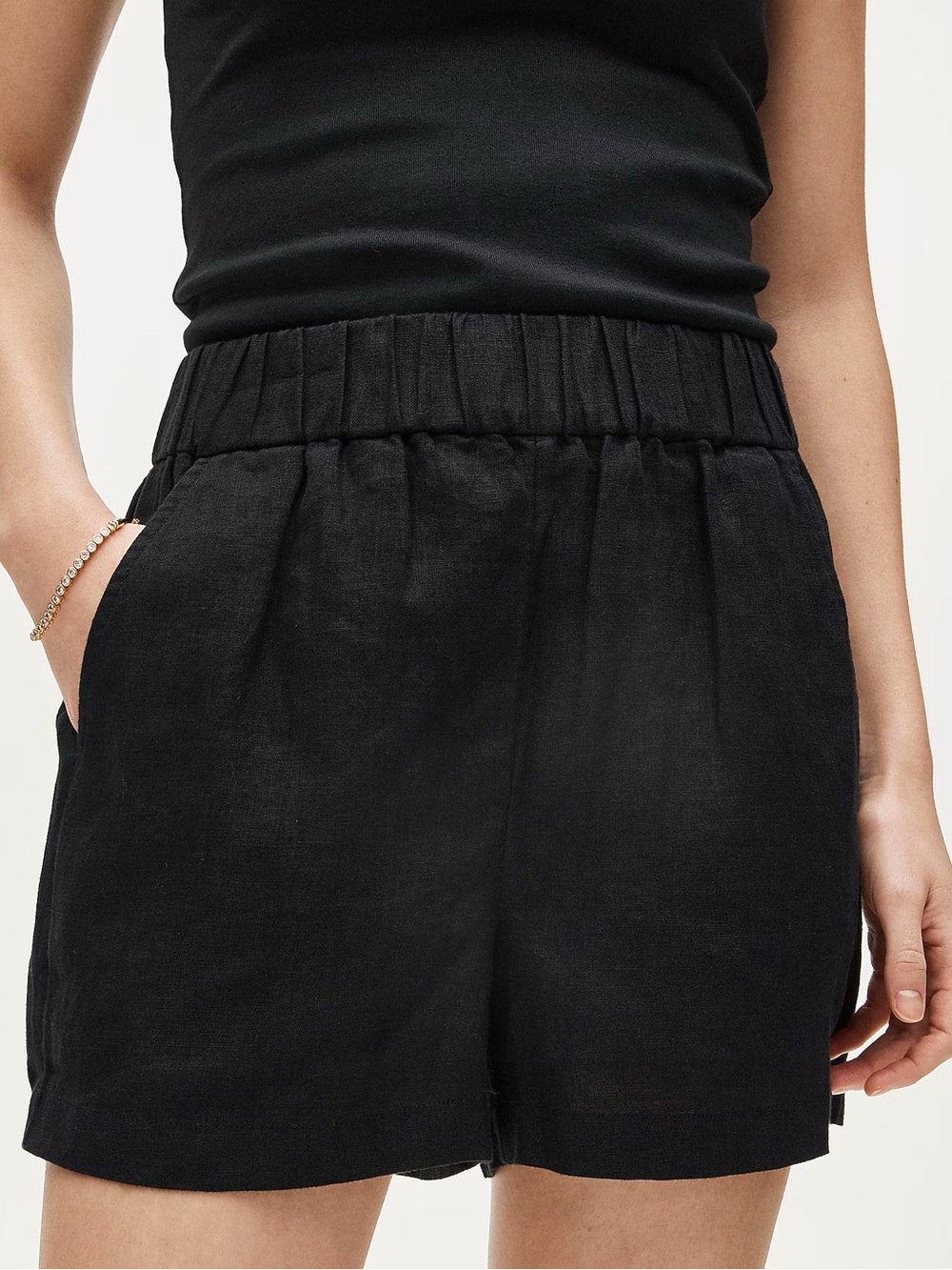NWT J.Crew Tropez Linen Shorts Black XXS Smocked Waist Pockets Summer CA384
